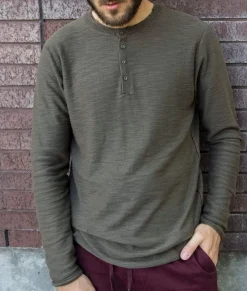 Men Nayked Apparel Shirts>Men'S Slub Knit Raw-Edge Henley/Discontinued