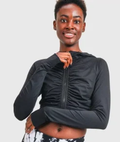 Women Nayked Apparel Outerwear>Ruched Front Cropped Hoodie Jacket/Discontinued