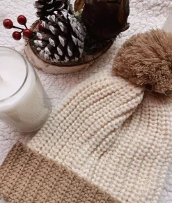 Women Nayked Apparel Accessories>Soft Chunky Knit Two-Tone Hat With Pom Pom And Solid Color Beanie With Pom Pom And Cuff